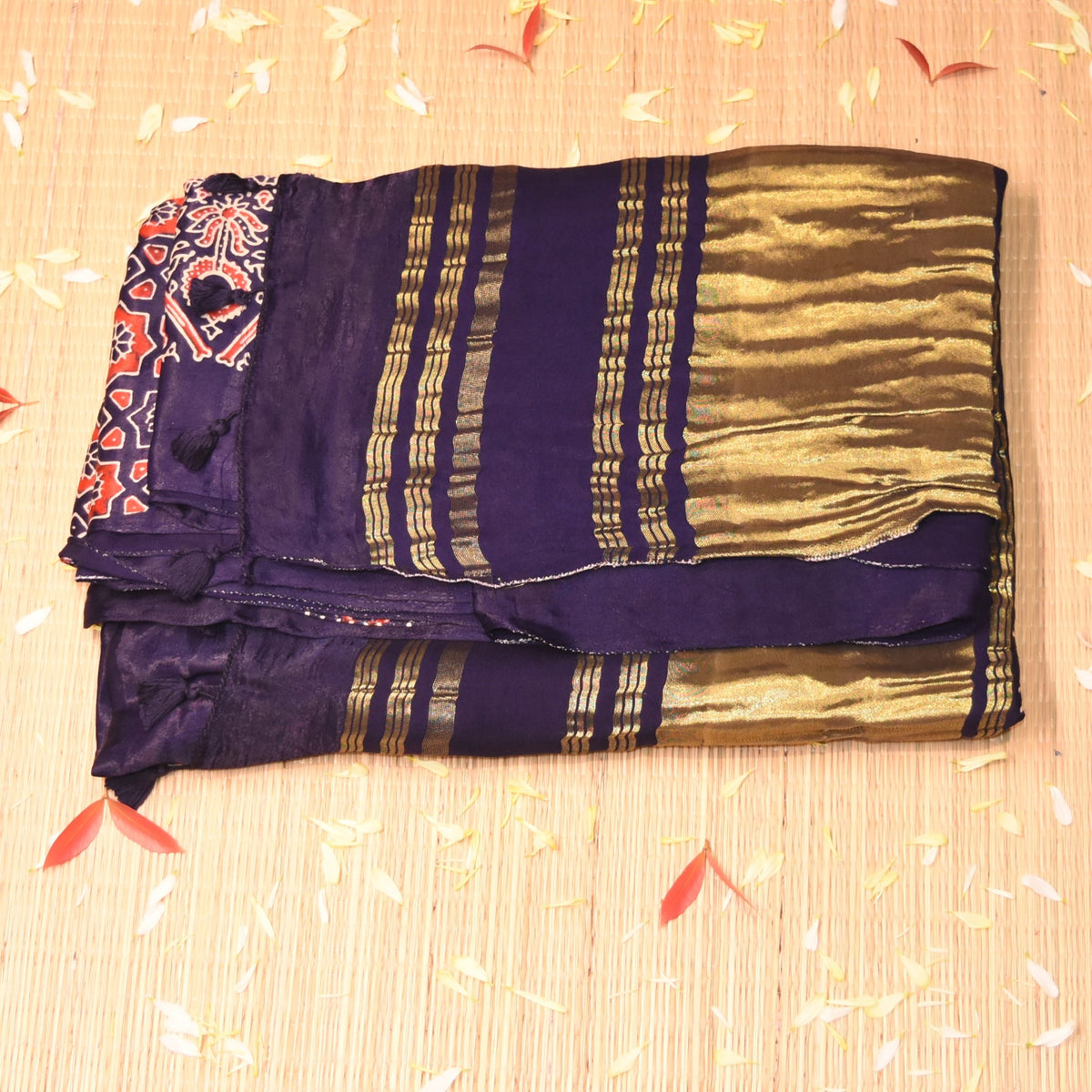 Modal silk ajrak Navy blue saree with floral print