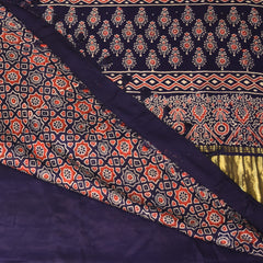 Modal silk ajrak Navy blue saree with floral print