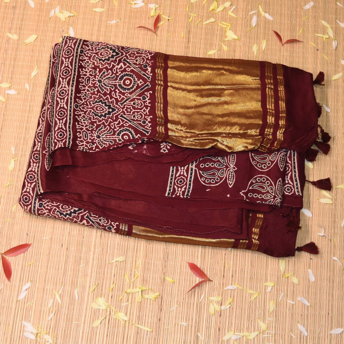 Modal silk ajrak Maroon saree with floral print