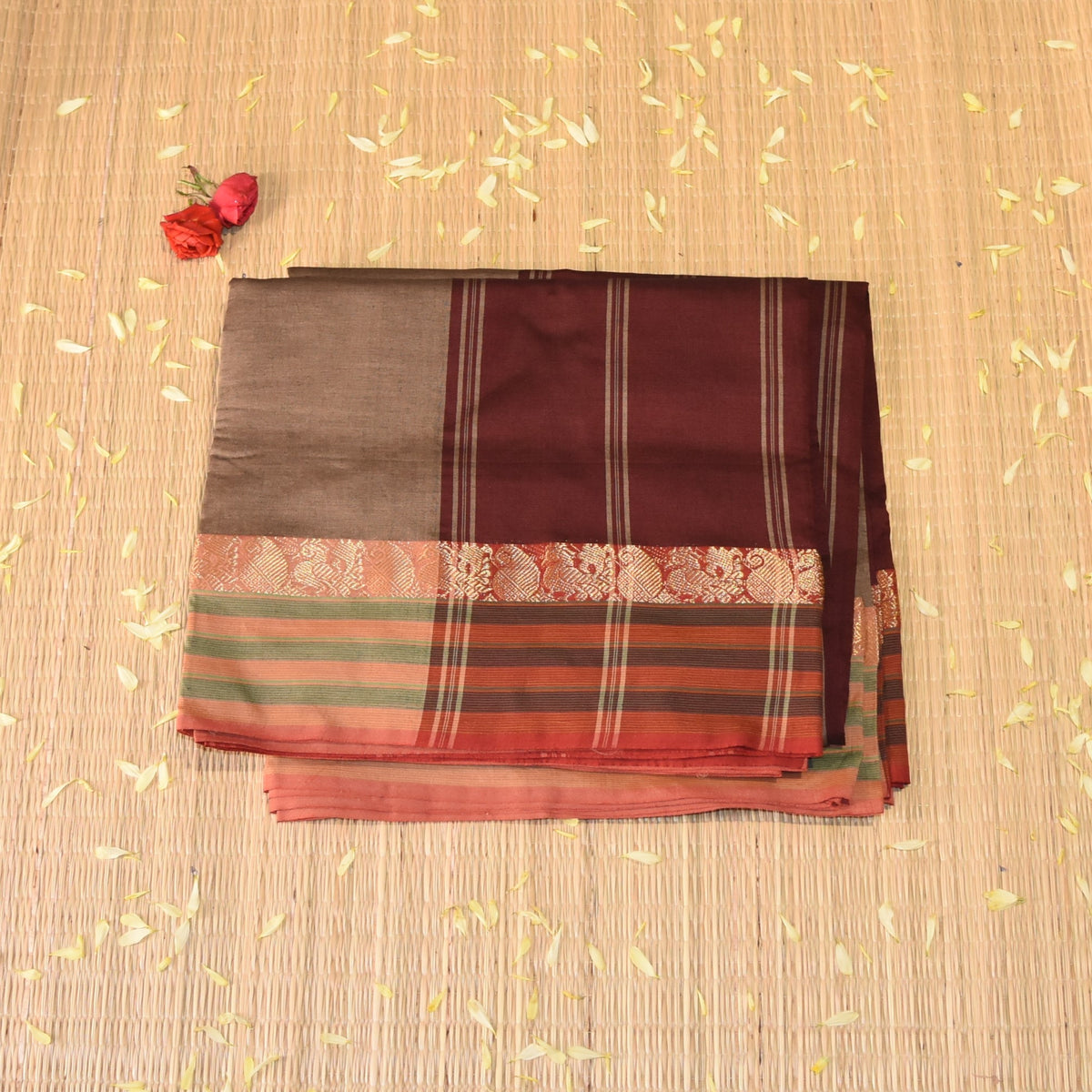 Kanchi Semi Cotton Silk Greyish Brown saree with jari boarder