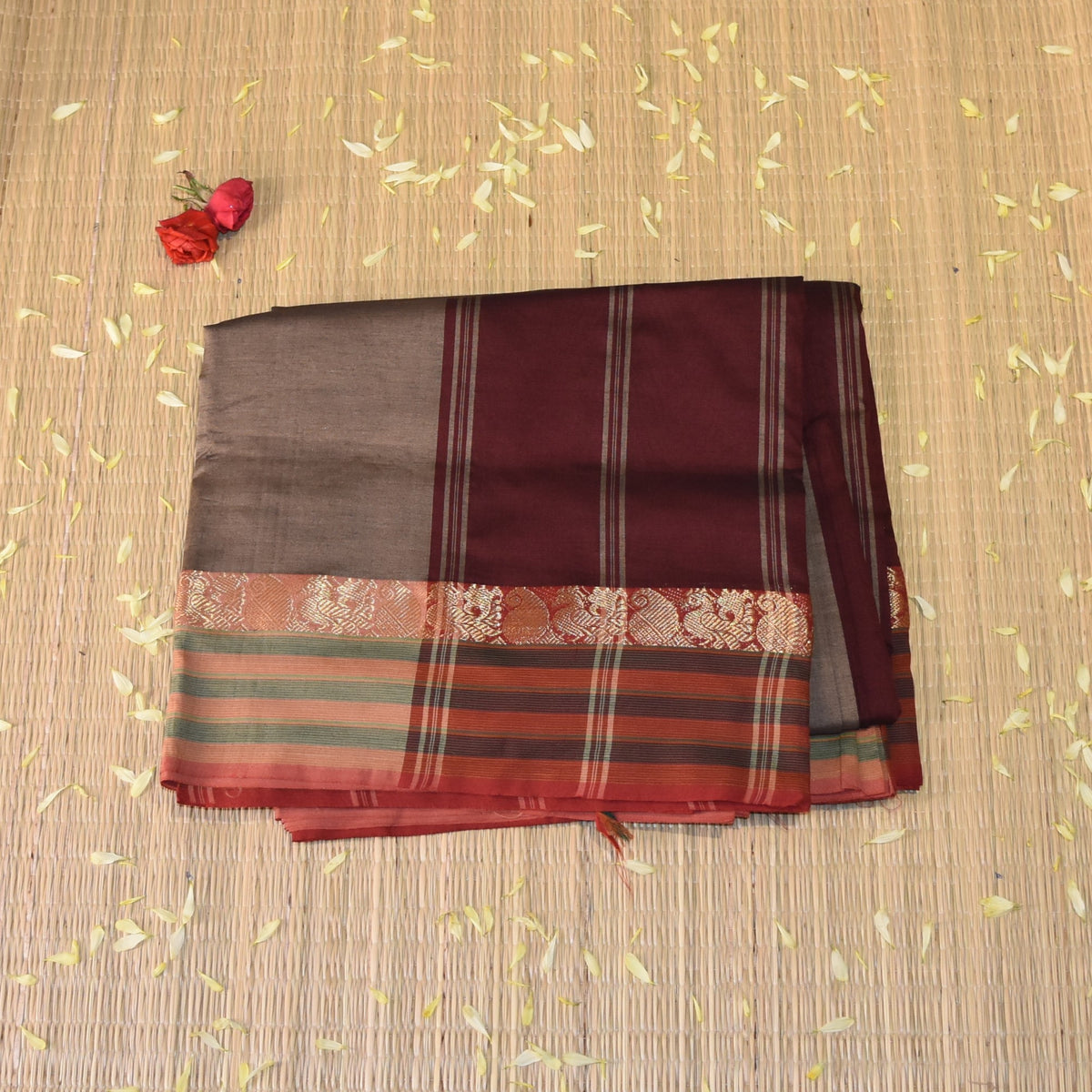 Kanchi Semi Cotton Silk Greyish Brown saree with jari Boarder