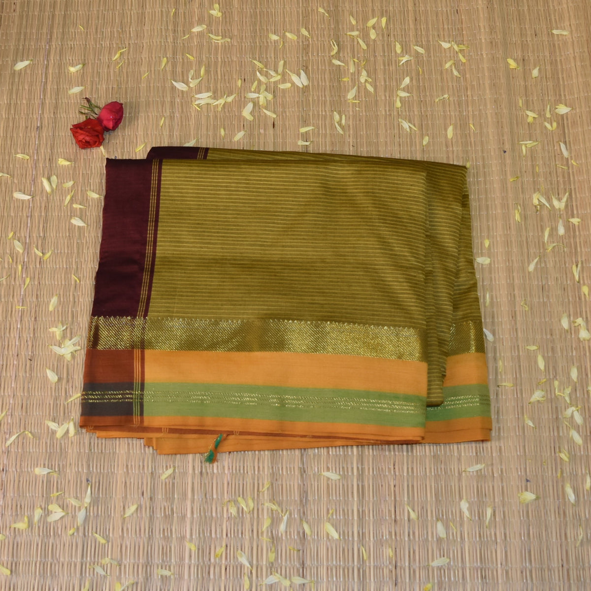 Kanchi Semi Cotton Silk Mustard yellow saree with jari boarder