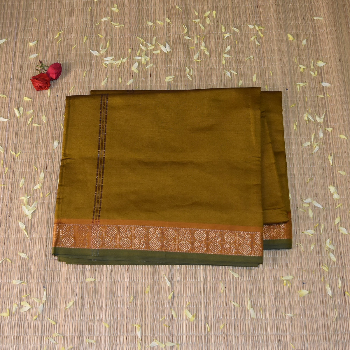 Kanchi Semi Cotton Silk Mustard Yellow saree with jari boarder