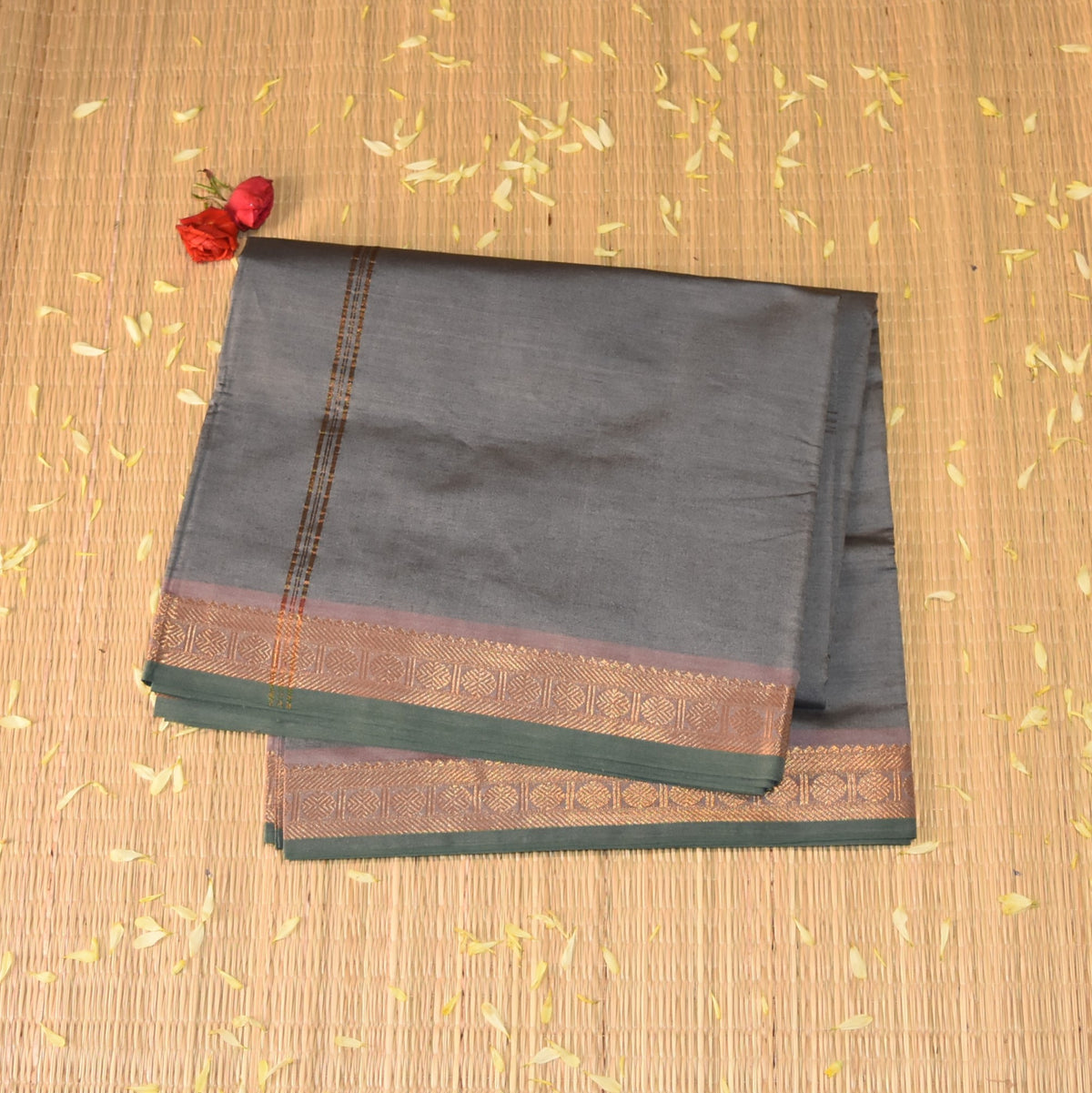 Kanchi Semi Cotton Silk Grey saree with jari boarder
