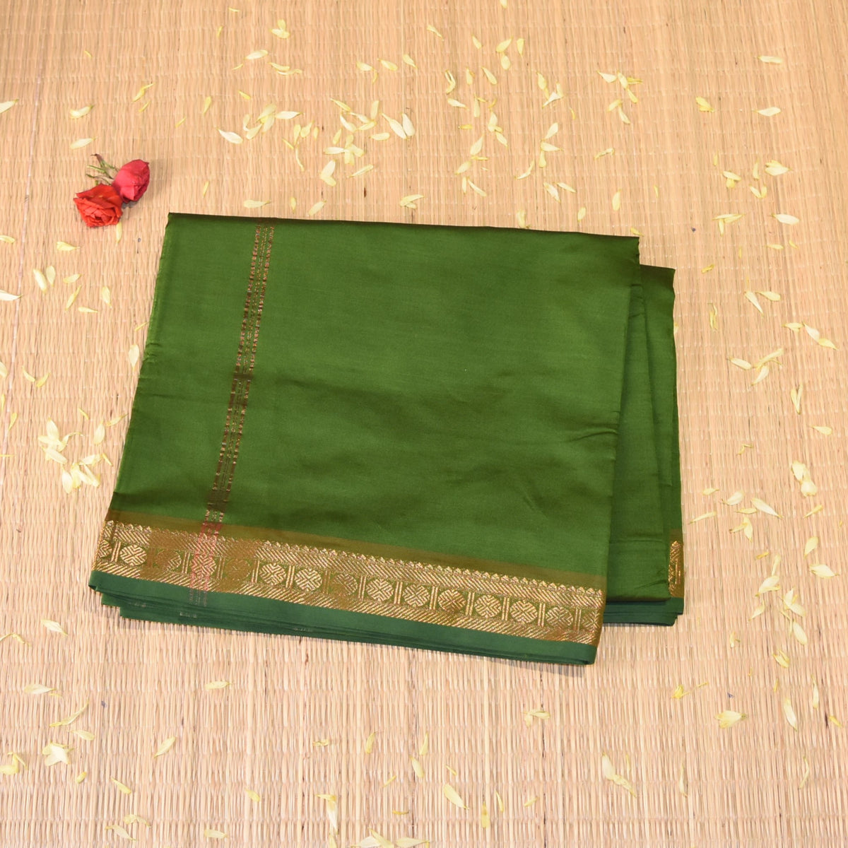 Semi Silk Cotton Dark green saree with jari boarder