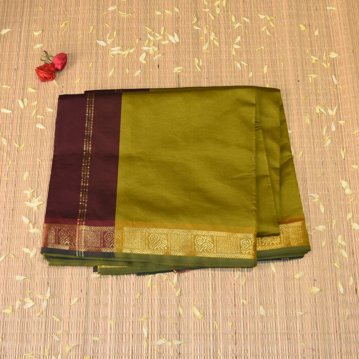 Kanchi Semi Cotton Silk Mustard yellow saree with jari boarder