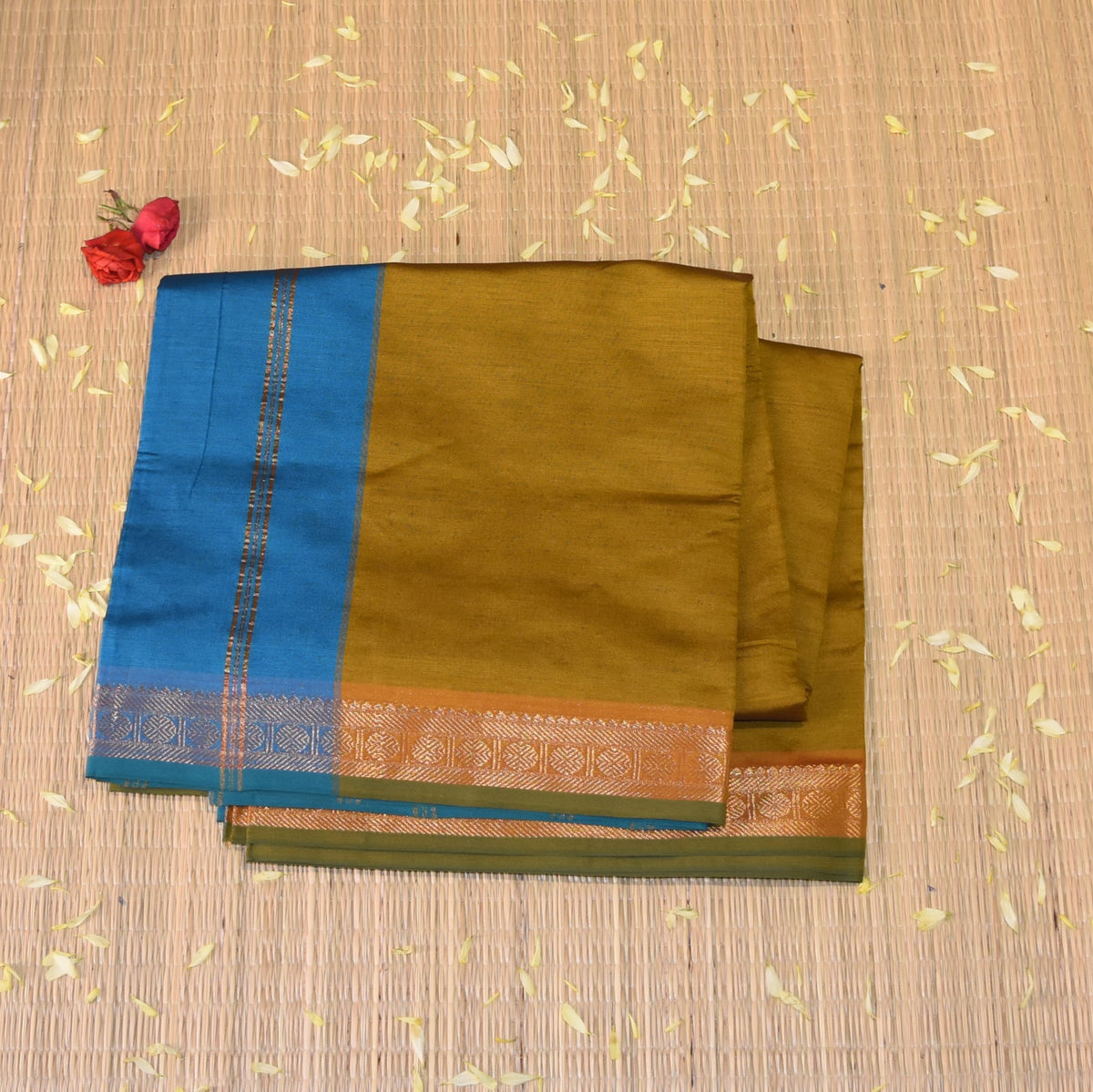 Kanchi Semi Cotton Silk Mustard yellow saree with jari boarder