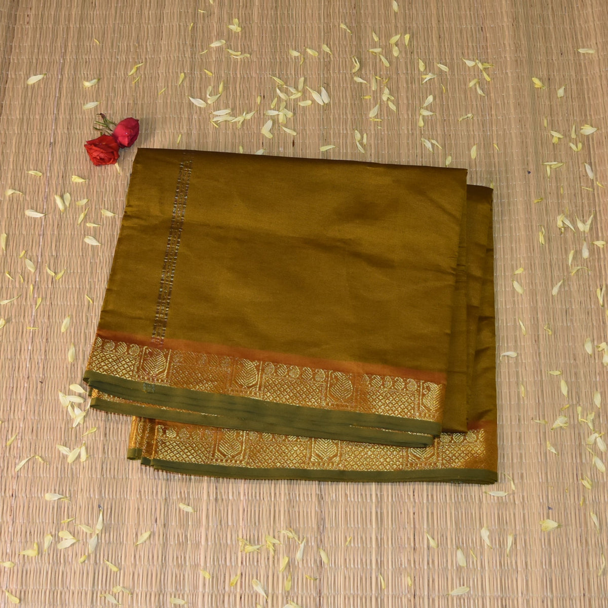 Kanchi Semi Cotton Silk Mustard Yellow saree with jari boarder