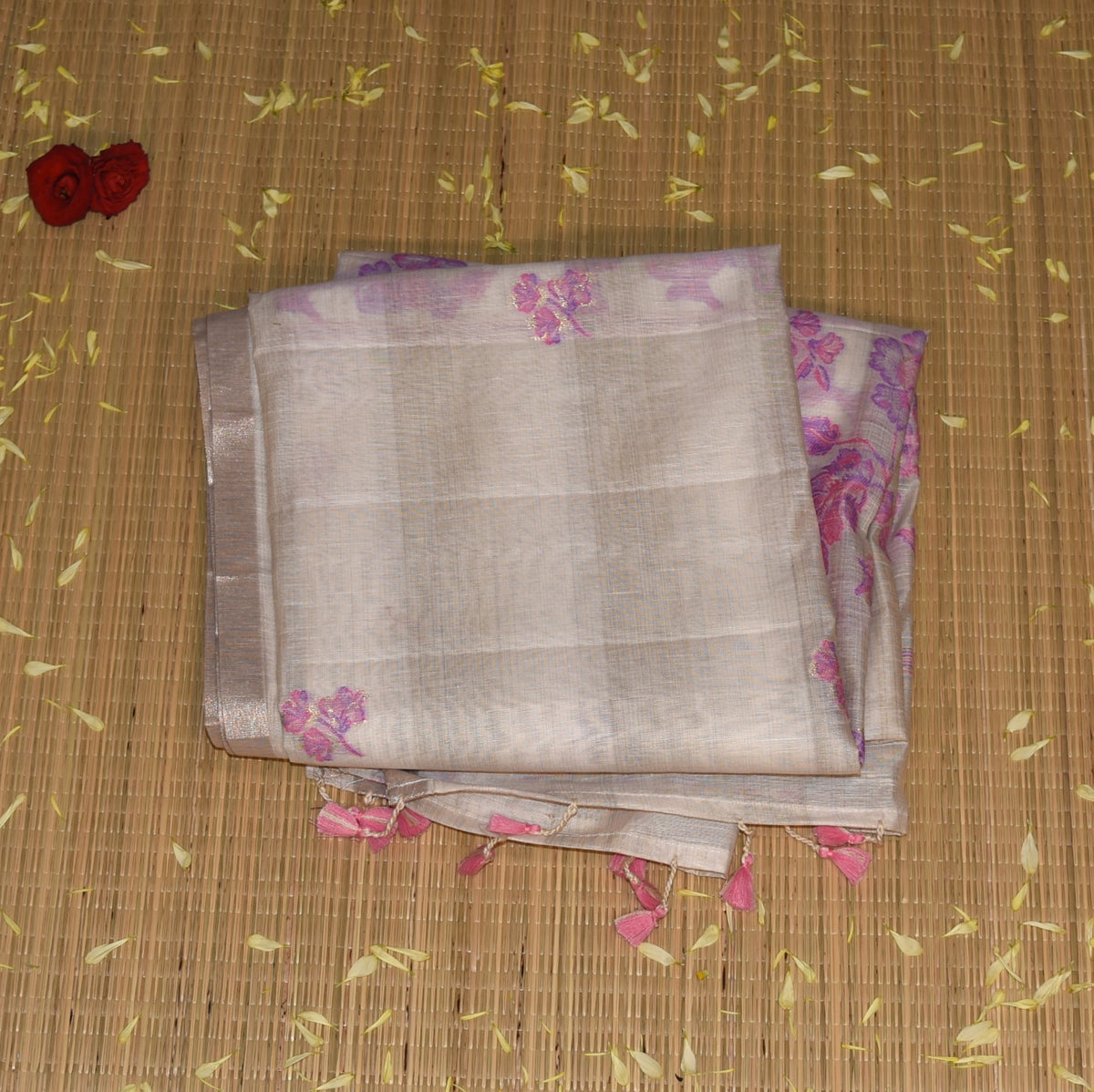 Chanderi Silk Cotton Half white saree with pink motifs