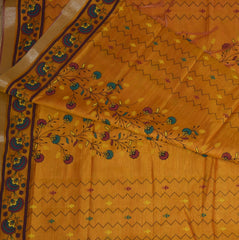 Semi Silk Cotton Mustard yellow saree with floral print