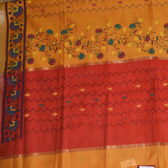 Semi Silk Cotton Mustard yellow saree with floral print