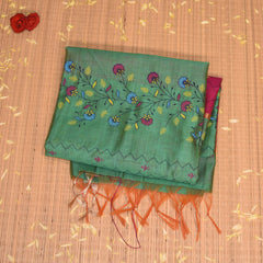 Semi Silk Cotton Green saree with floral print