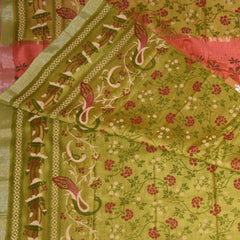 Semi Silk Cotton Parrot green saree with floral print