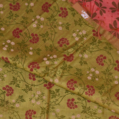 Semi Silk Cotton Parrot green saree with floral print