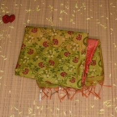 Semi Silk Cotton Parrot green saree with floral print