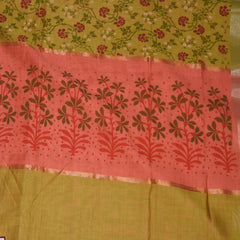 Semi Silk Cotton Parrot green saree with floral print