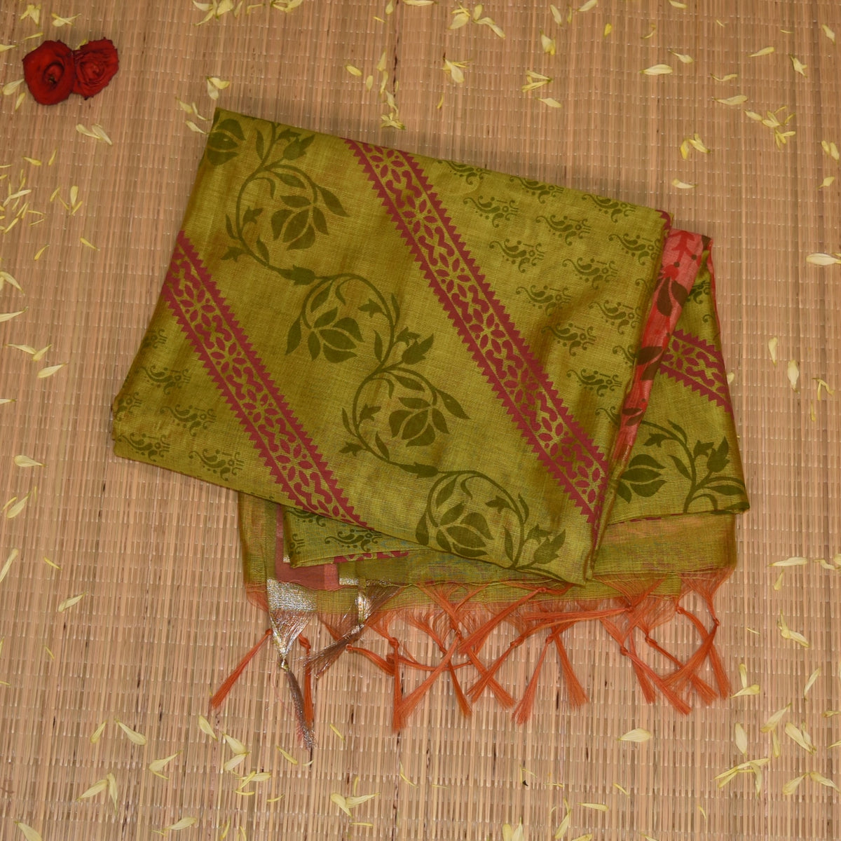 Semi Silk Cotton Pista green saree with floral print