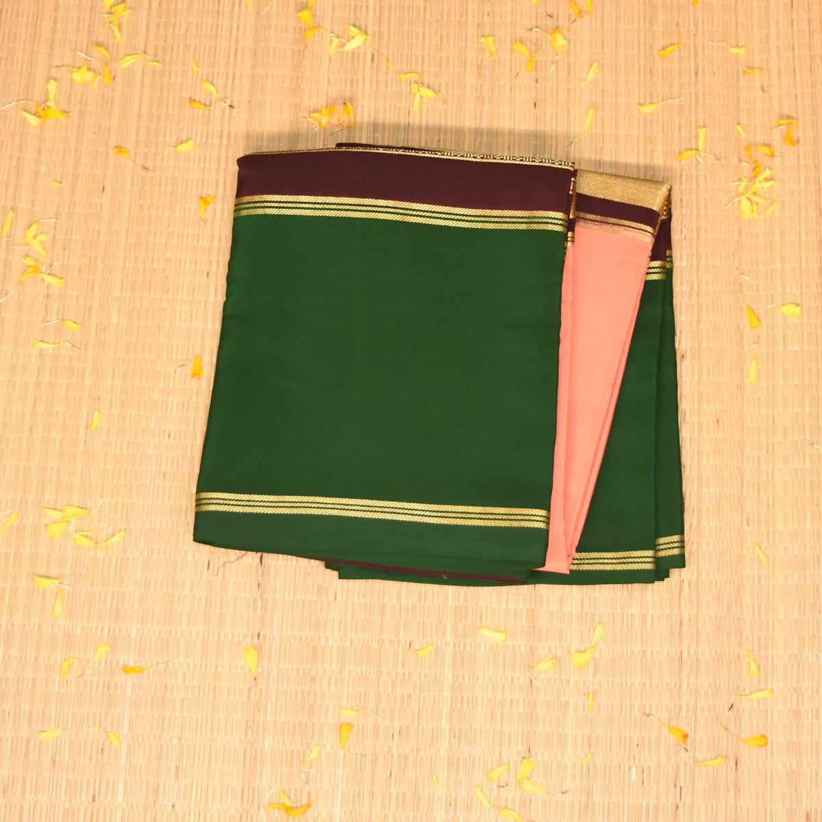 Mysore crepe silk Pale Orange saree with green boarder