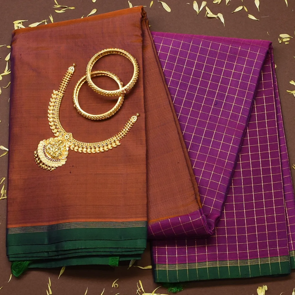 Kanchipuram Silk Rust Orange & Plum Purple Saree with Blouse