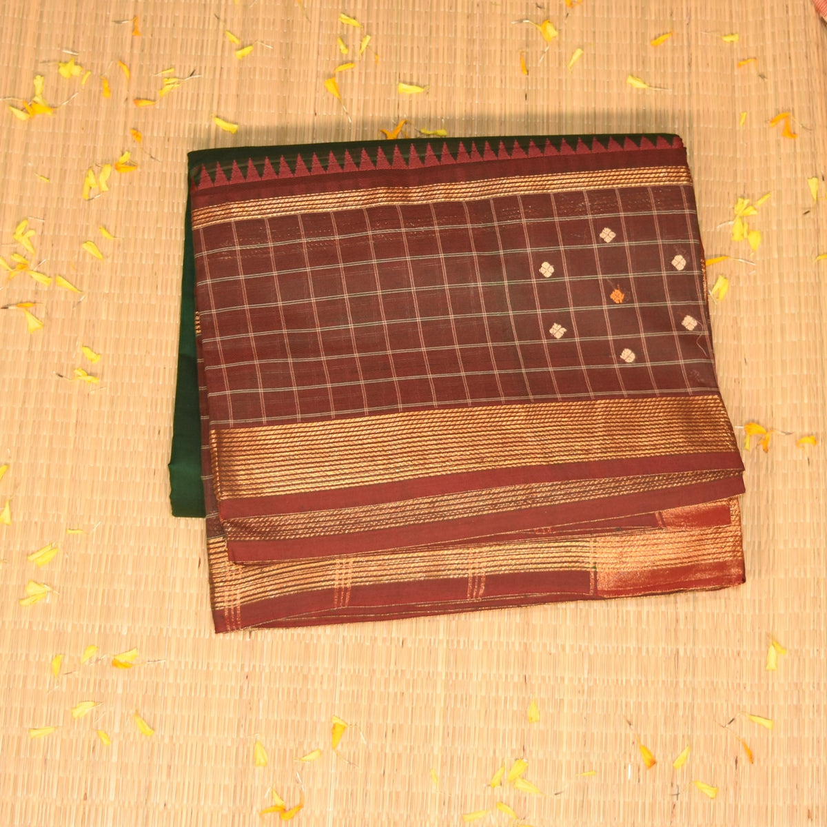 Kanchi Cotton Bottle green saree with maroon jari Boarder