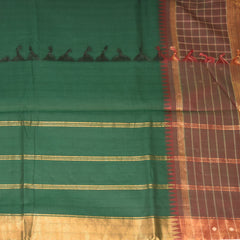 Kanchi Cotton Bottle green saree with maroon jari Boarder
