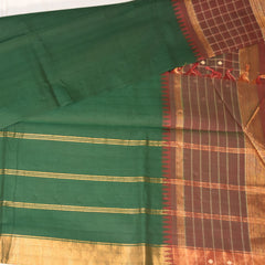 Kanchi Cotton Bottle green saree with maroon jari Boarder