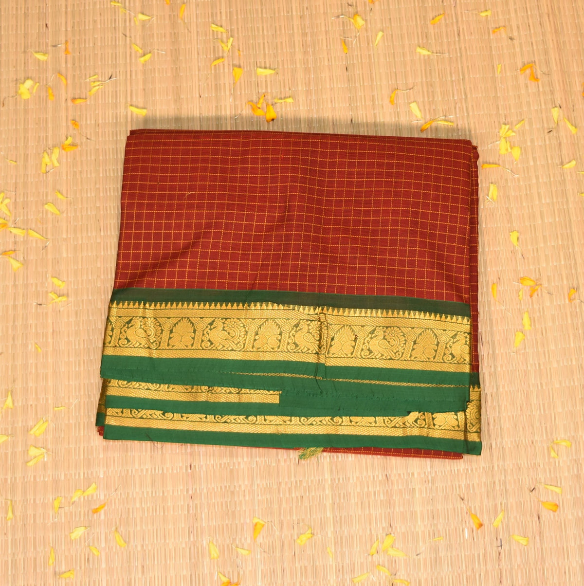 Kanchi Cotton Red checks saree with jari boarder