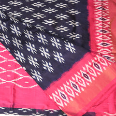 pochampally pure silk navy blue saree with pink border with jari
