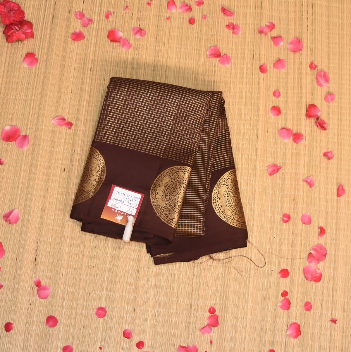 pure kanchivaram silk  chocolate brown saree with jari boarder