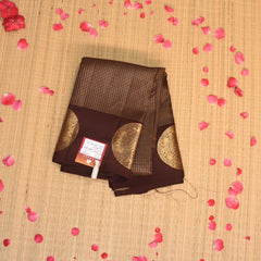 pure kanchivaram silk  chocolate brown saree with jari boarder