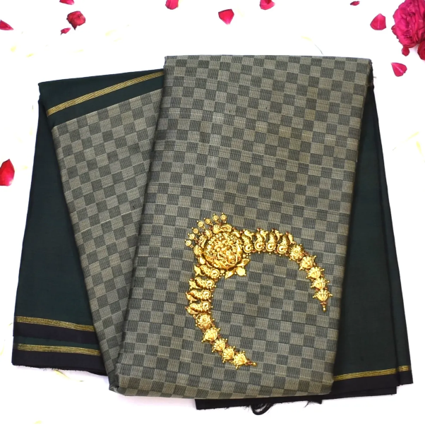 Kanchipuram Silk Olive Gray & Charcoal Gray Saree with Blouse