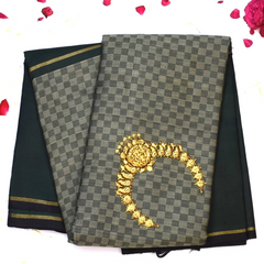 Kanchipuram Silk Olive Gray & Charcoal Gray Saree with Blouse