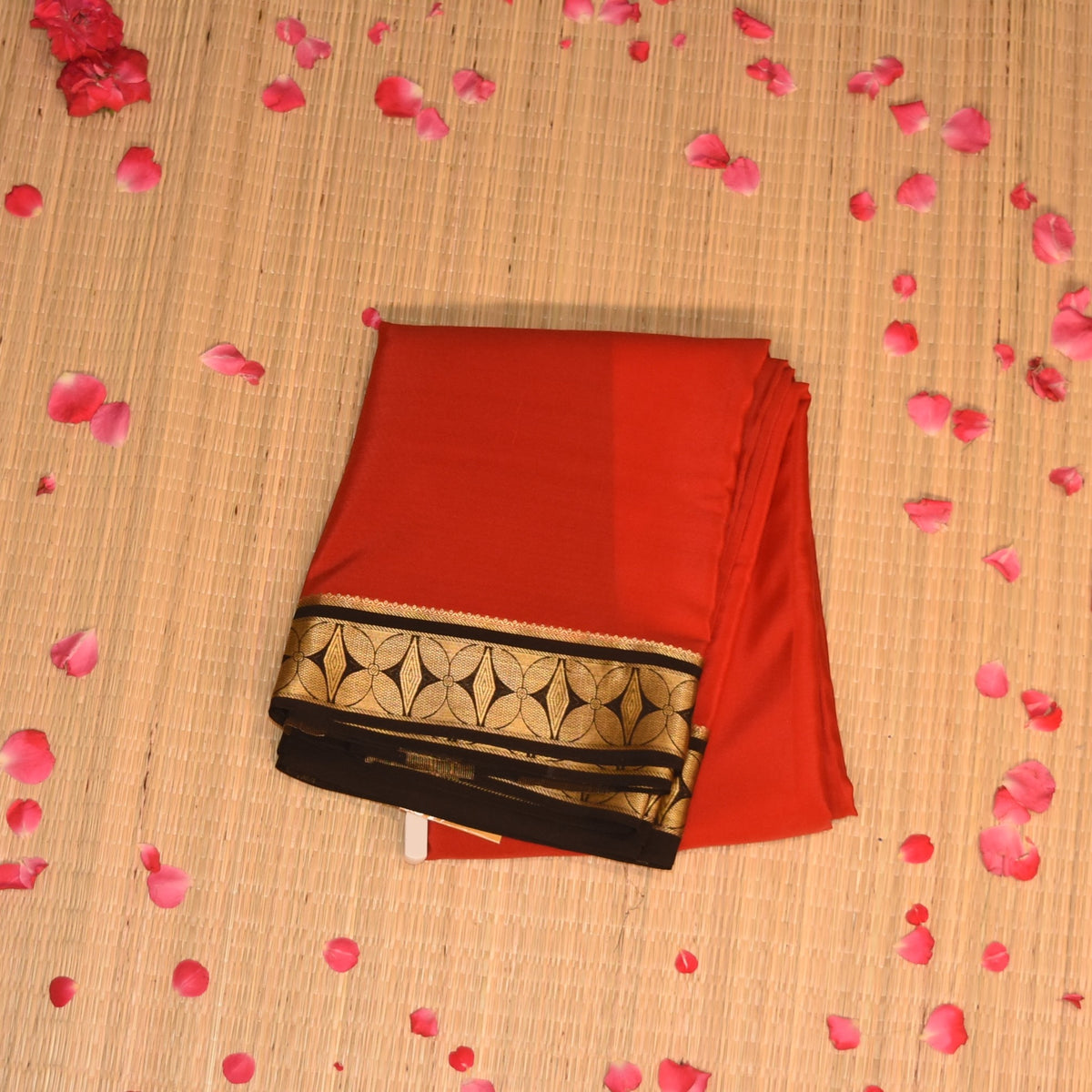 mysore pure crepe silk mirchi red saree with jari border