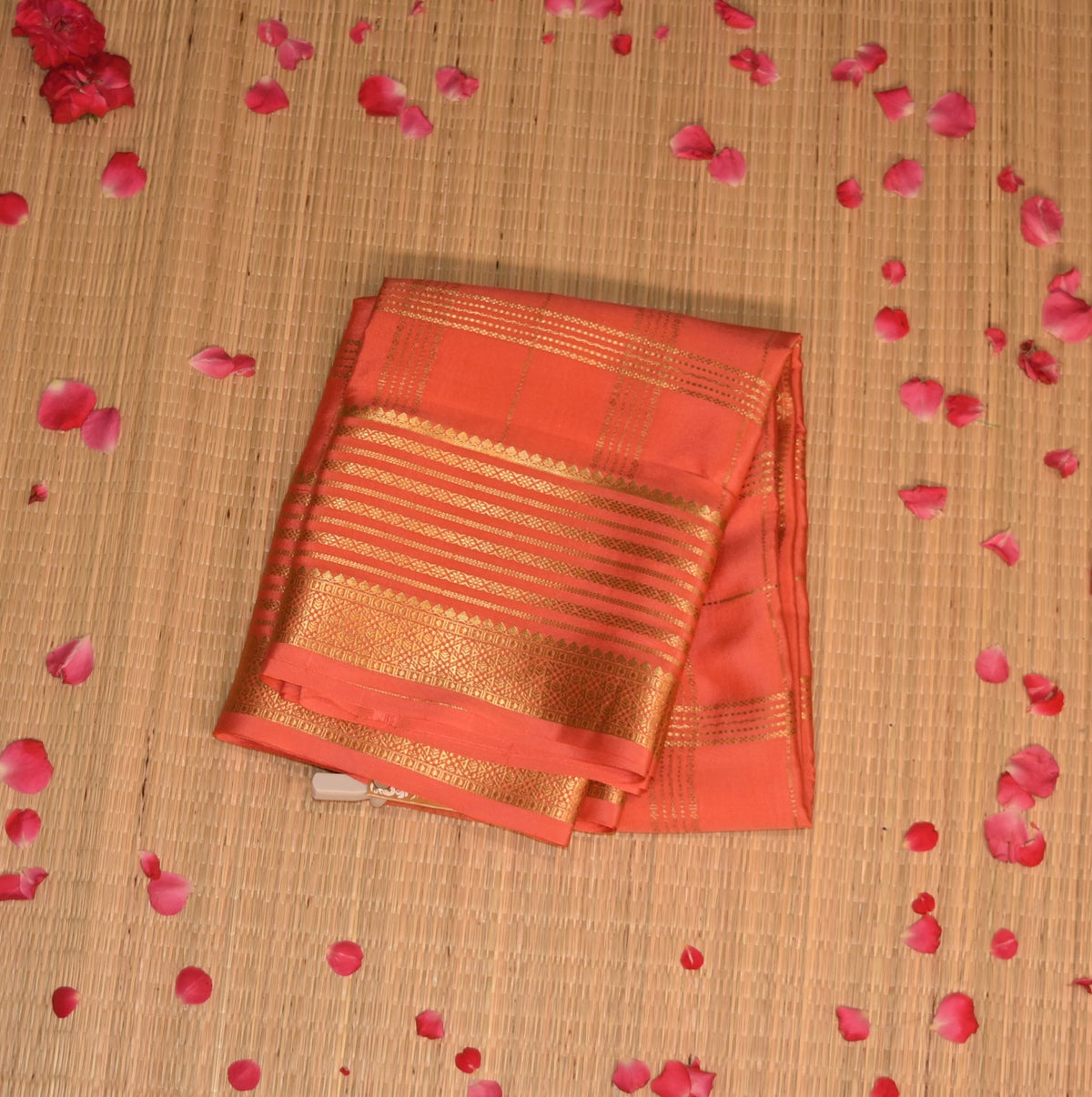 Mysore pure crepe silk coral orange saree with jari border