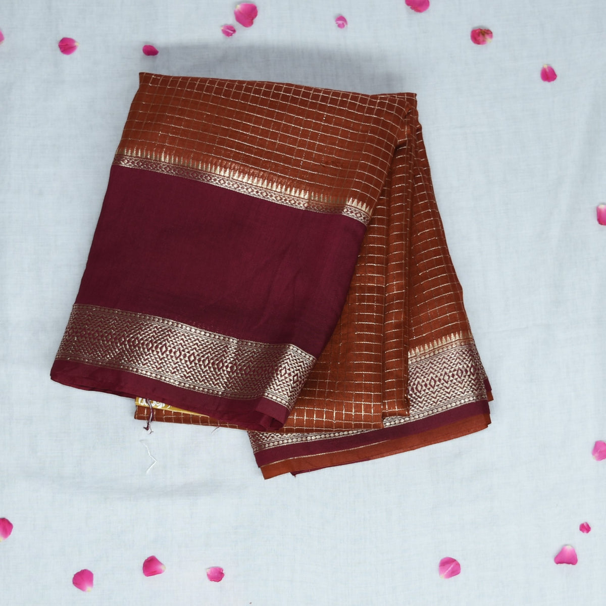4369 dark orange semi tussur georgette saree with maroon boarder