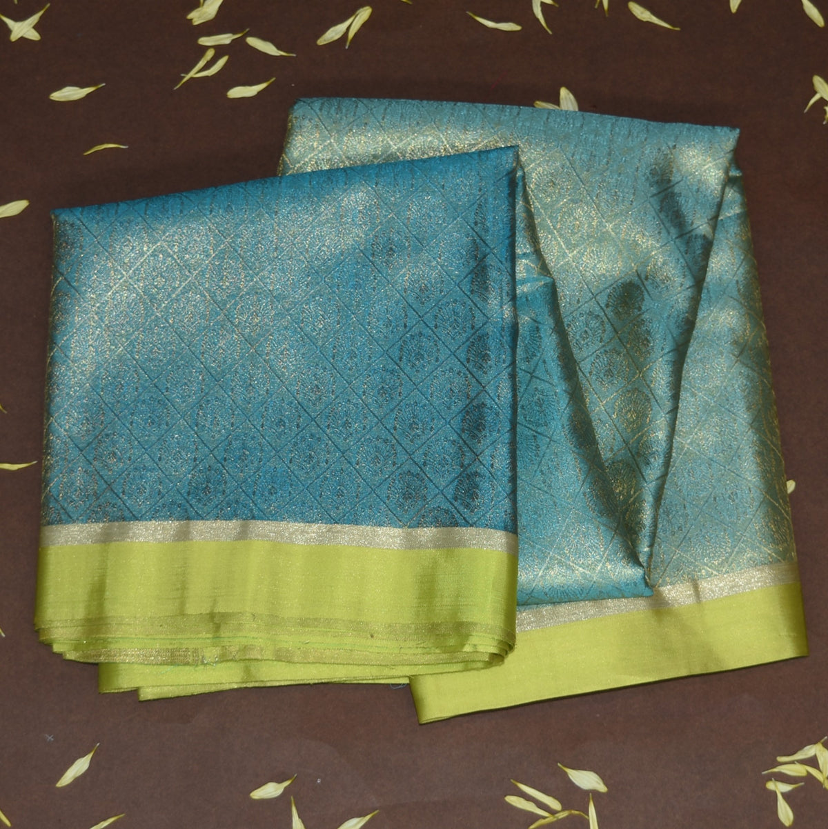 4452 Art silk saree gold & blue mix saree with yellow boarder
