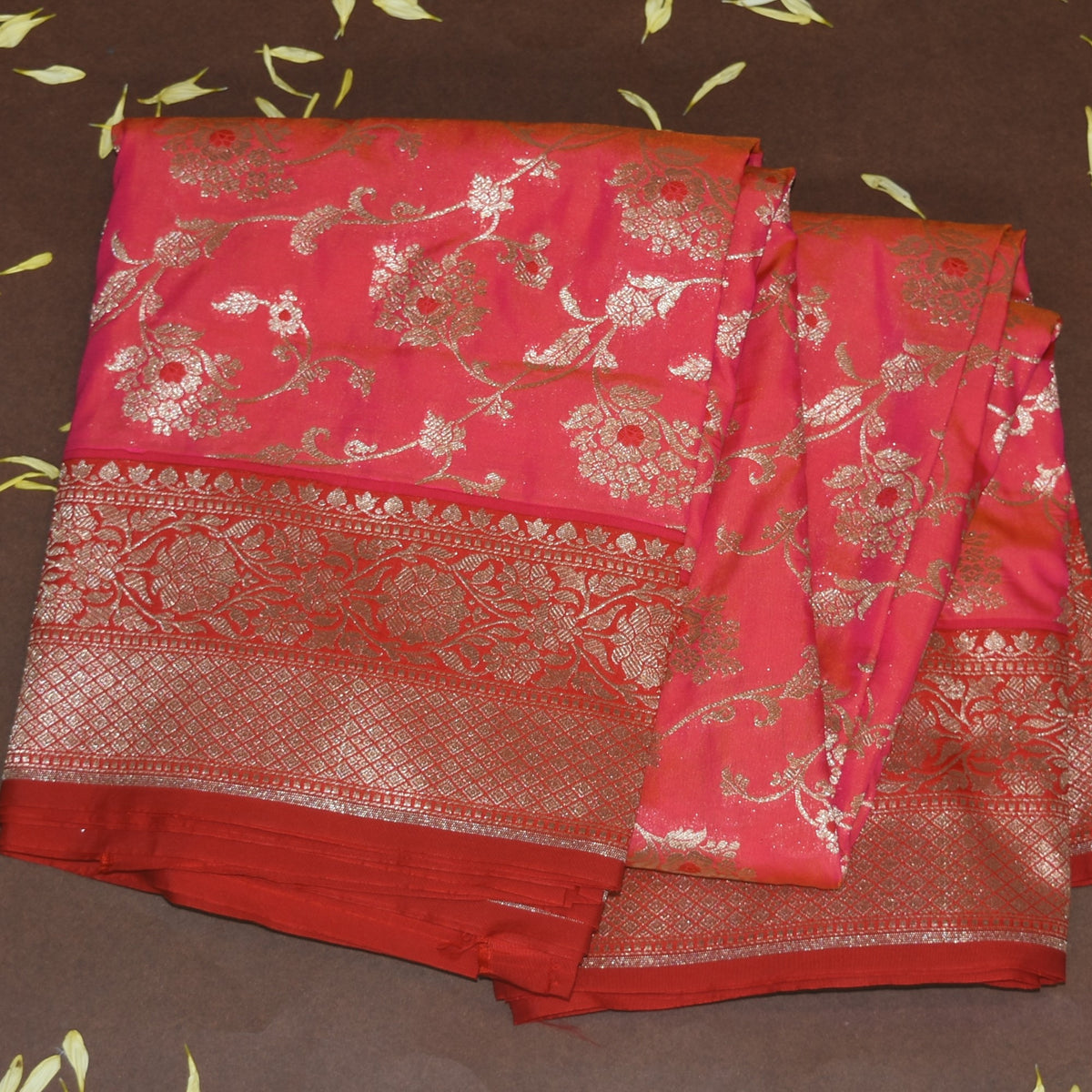 4463 Art silk benarasi pink saree with red jari boarder