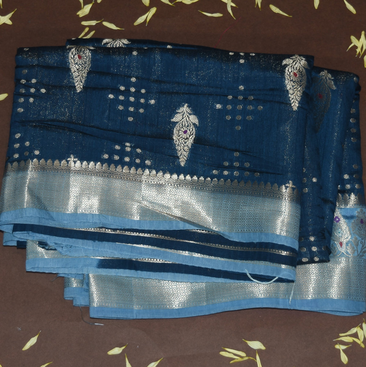 4483 benaras silk teal blue saree with sky blue jari boarder