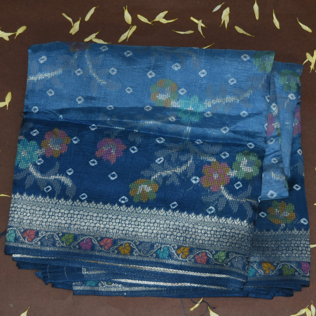 4494 semi kora silk benaras blue saree with silver jari boarder