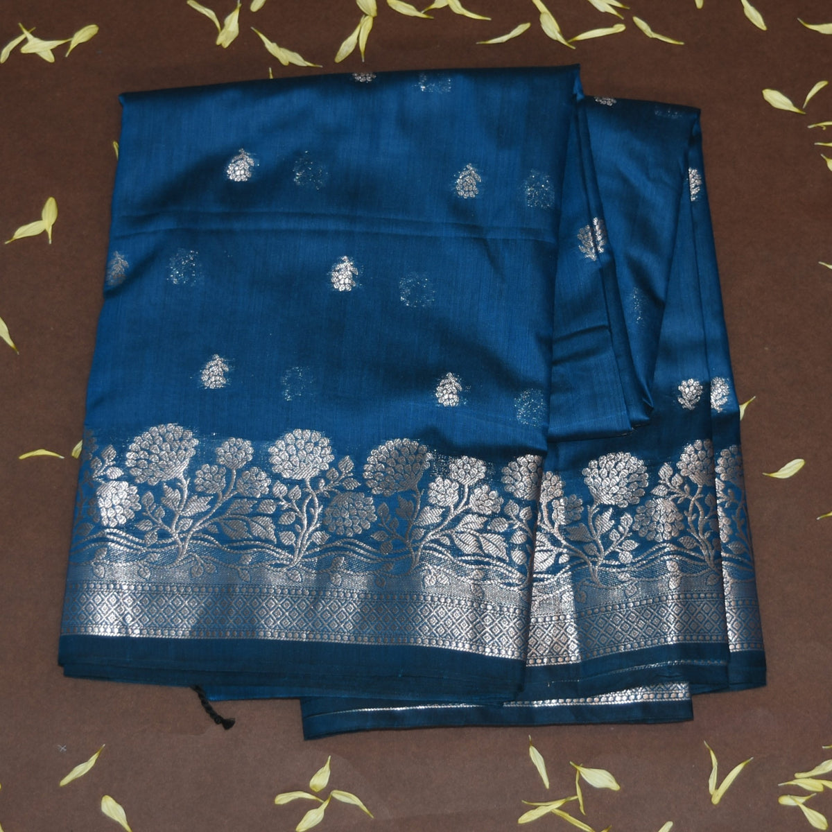 4524 Semi silk blue saree with silver floral boarder