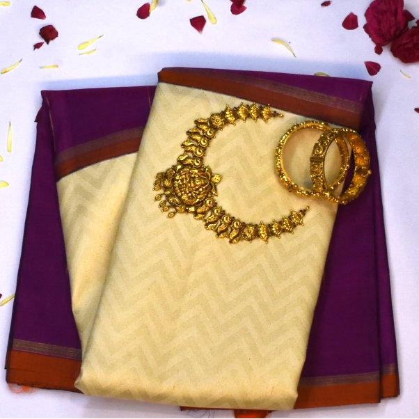 Kanchipuram Silk Light Gold & Deep Plum Saree with Blouse