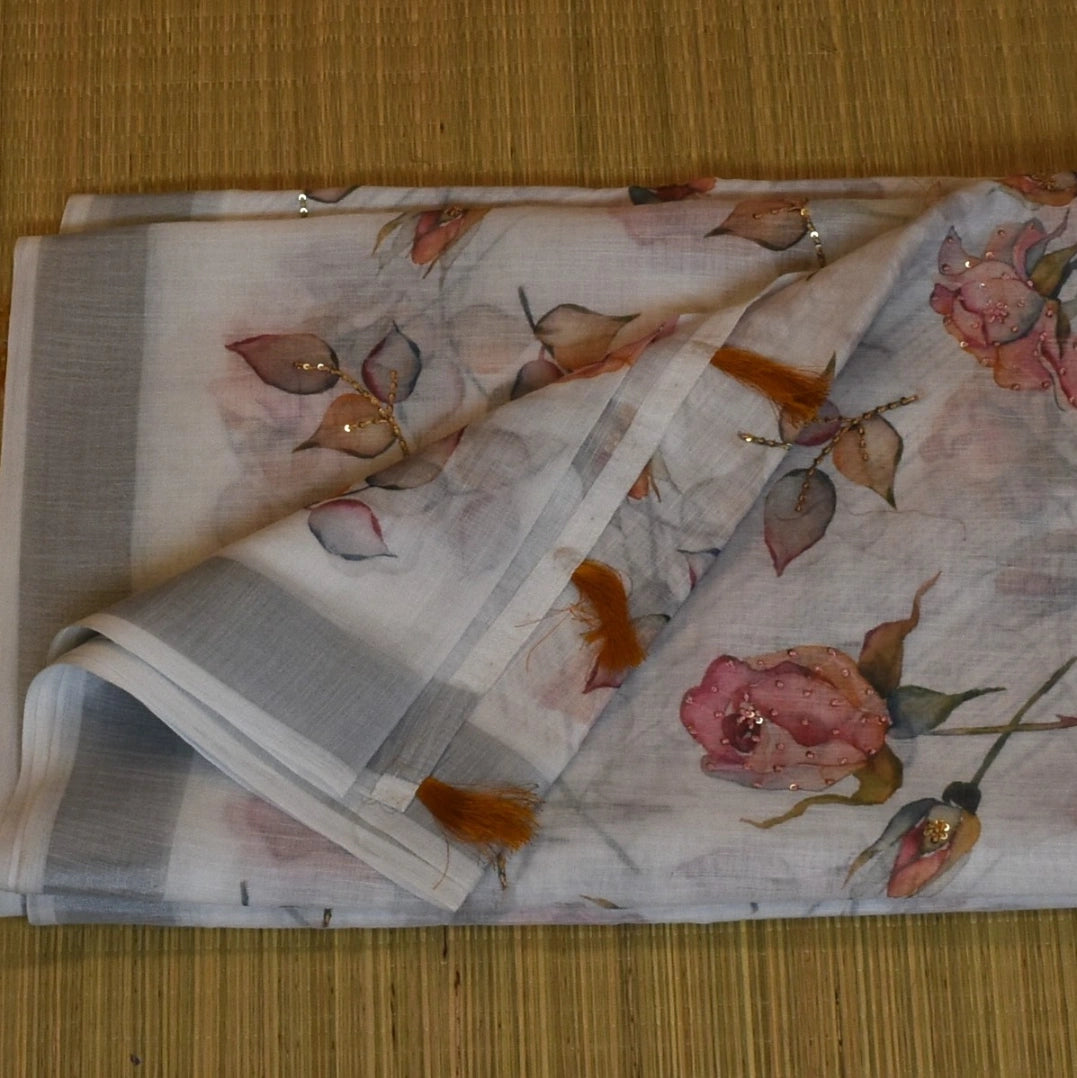 Classic White Cotton Saree with Deep Maroon Floral Touch