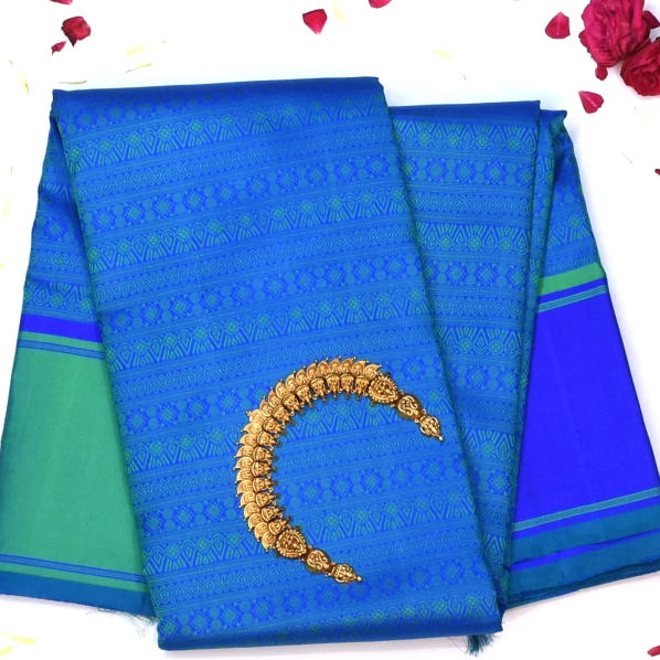 Kanchipuram Silk Azure Blue Saree with Blouse