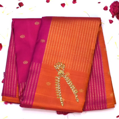 Kanchipuram Silk Tangerine & Raspberry Red Saree with Blouse