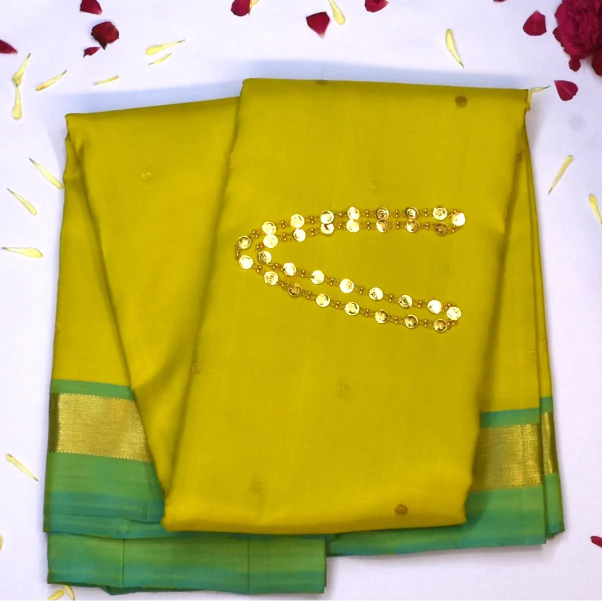 Kanchipuram Silk Olive Yellow Saree with Blouse