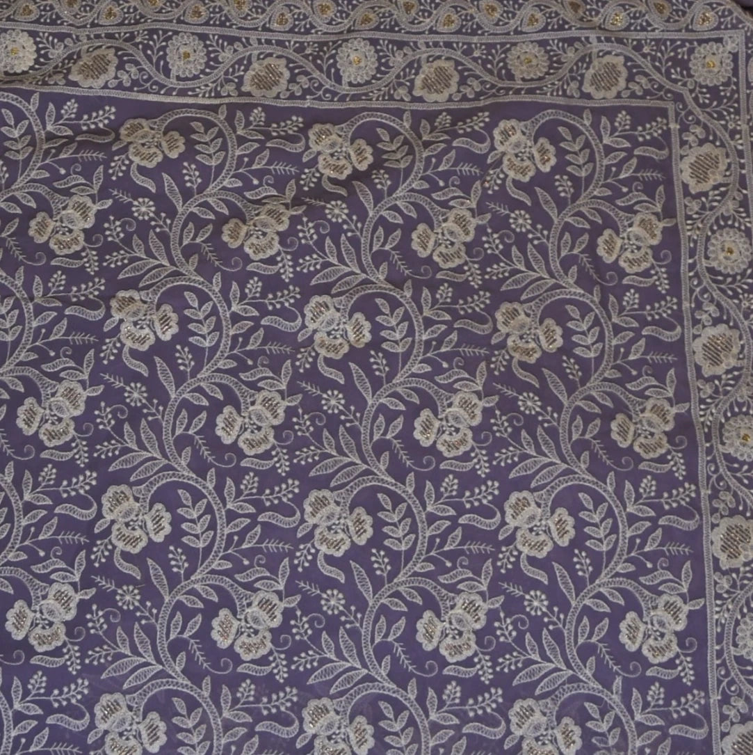 Georgette Lucknowi Light Violet Saree With Threadwork