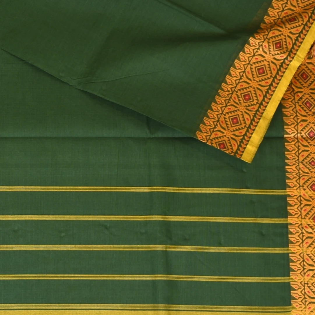 Kachi Cotton Bottle Green Saree With Mustard Border