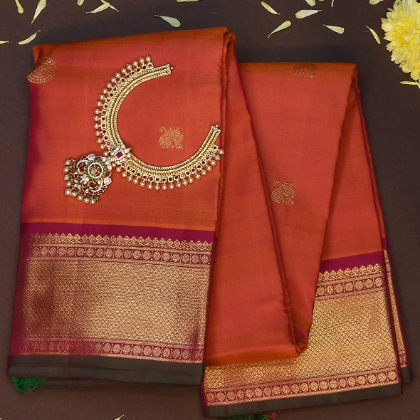 Kanchipuram Silk Burnt Orange Saree with Blouse