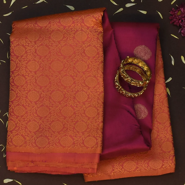 Kanchipuram Silk Dark Burgundy & Copper Saree with Blouse