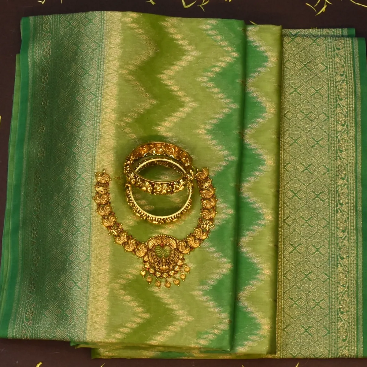 Banarasi Rangkat Cotton Fern Green Saree with Blouse